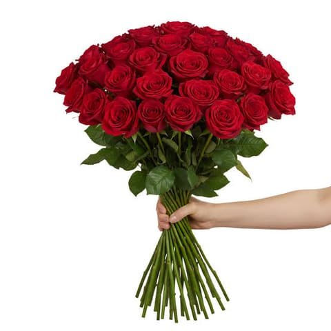 Armful of long-stemmed red Explorer roses