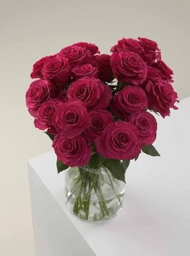 Bouquet of cherry Hot Spot roses in a glass vase